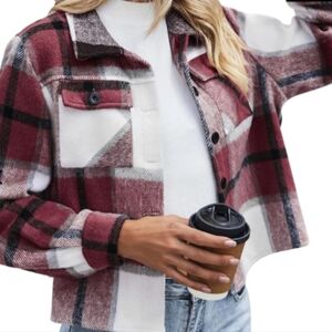 WOMEN'S PLAID SHACKET / JACKET BURGANDY, CREAM BLACK COZY LARGE NWT